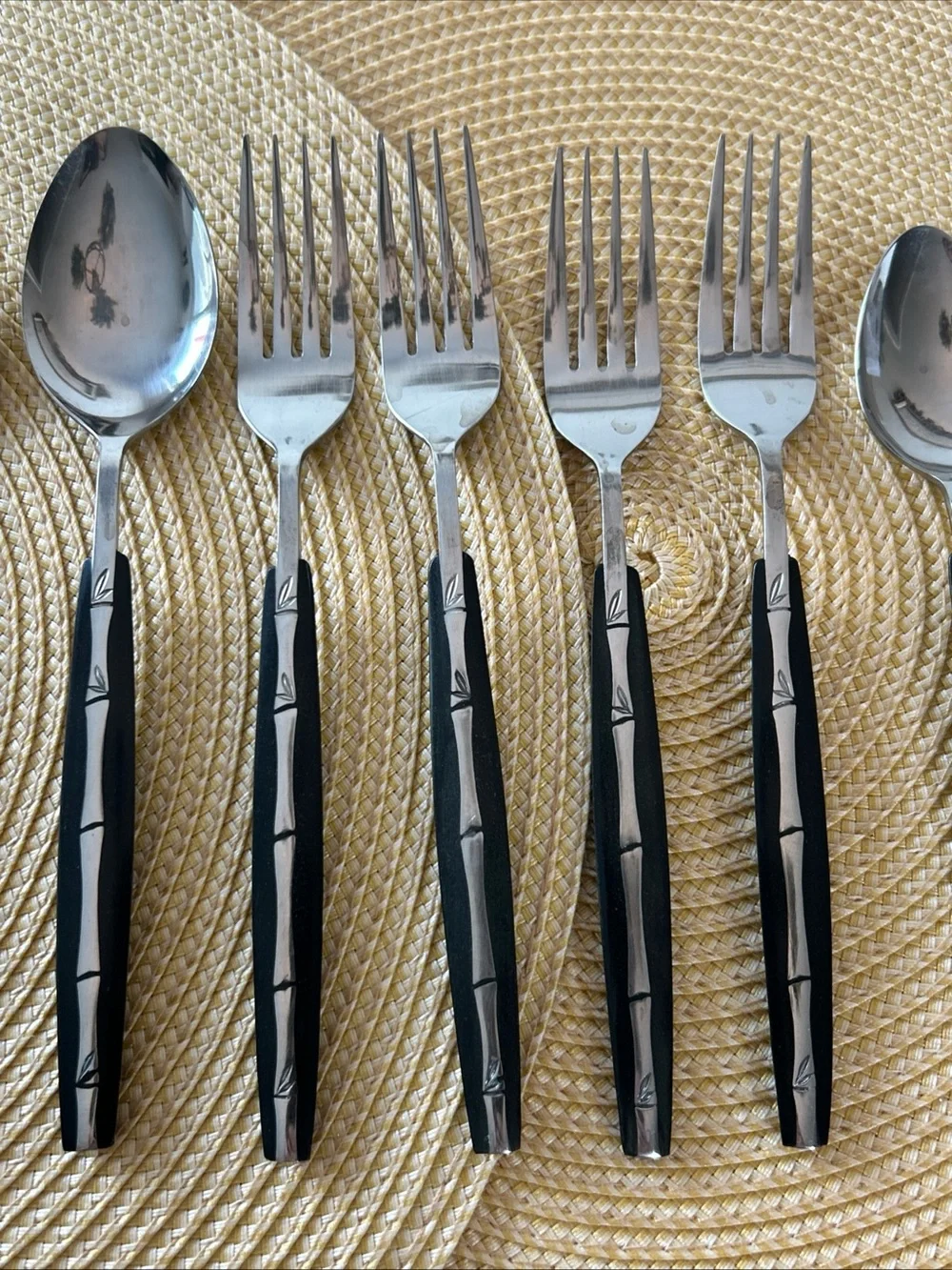 VTG Lifetime Cutlery Japan 15 pc Bamboo Inset Black Handle 7Spoons4Knives4Forks